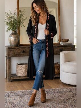 Boho Luxe Embroidered Floral Duster Cardigan Black Long Open Front L
